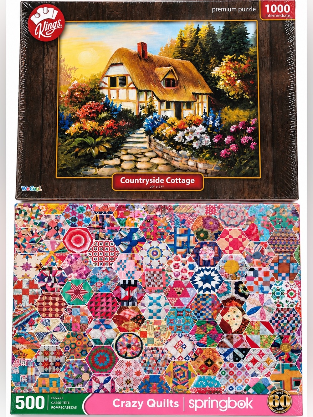 2 Puzzle Bundle Crazy Quilts & Countryside Cottage 500 & 1000 Piece New Sealed